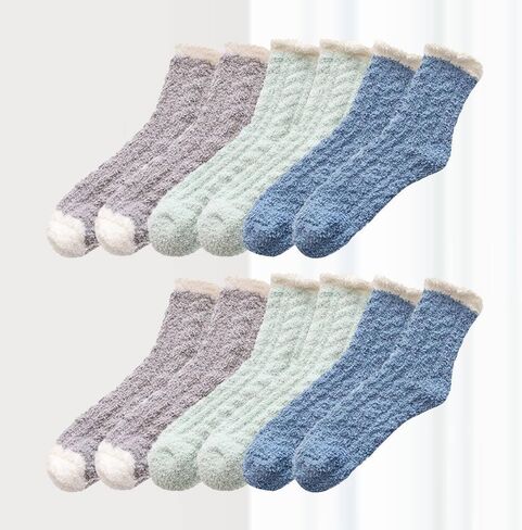 6-Pack Fuzzy Socks, White/Gray/Khaki/Blue/Light Pink/Light Purple, Soft Warm Plush Slipper Socks for Women in Saudi Arabia