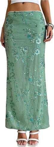 MakeMeChic Women's Floral Sequin Maxi Skirt Glitter Low Waisted Party Y2K Long Skirts in Saudi Arabia