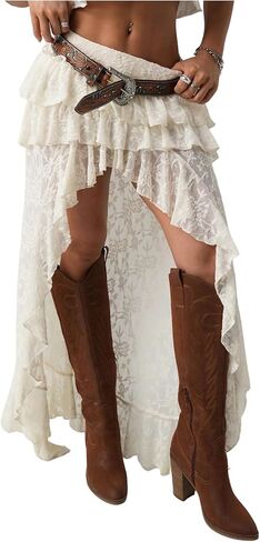 OYOANGLE Women's Floral Lace Asymmetrical Ruffle Coquette Skirt Y2k Country Concert Outfits in Kuwait