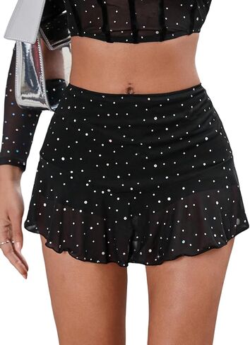 MakeMeChic Women's Rhinestone A Line Mini Skirt Ruffle Ruched Drop Waisted Club Skirts in Saudi Arabia