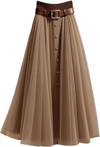 GORGLITTER Women's Mesh Pleated Long Flowy Skirt Fall Boho Color Block Patchwork High Waisted Button Down Maxi Skirts in Saudi Arabia