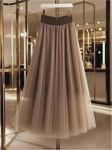 GORGLITTER Women's Mesh Pleated Long Flowy Skirt Fall Boho Color Block Patchwork High Waisted Button Down Maxi Skirts in Saudi Arabia