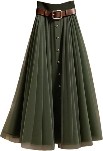 GORGLITTER Women's Mesh Pleated Long Flowy Skirt Fall Boho Color Block Patchwork High Waisted Button Down Maxi Skirts in Saudi Arabia