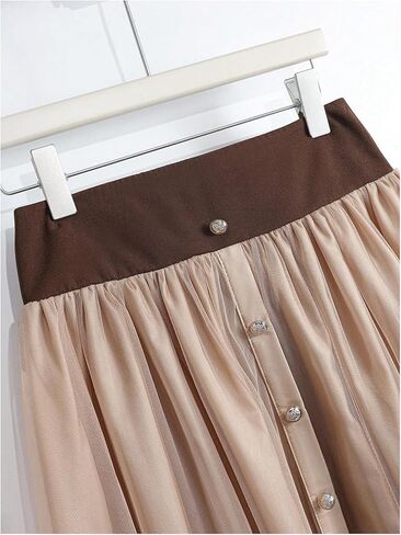 GORGLITTER Women's Mesh Pleated Long Flowy Skirt Fall Boho Color Block Patchwork High Waisted Button Down Maxi Skirts in Saudi Arabia