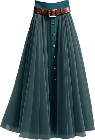 GORGLITTER Women's Mesh Pleated Long Flowy Skirt Fall Boho Color Block Patchwork High Waisted Button Down Maxi Skirts in Saudi Arabia