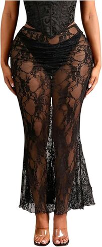 SHENHE Women's Lace See Through Long Skirt Y2K Sheer Beach Cover Up Festival Maxi Skirts in Saudi Arabia
