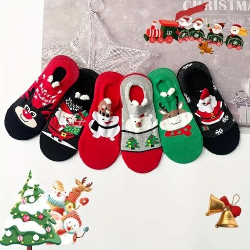6 Pairs Cartoon Christmas Socks, Winter Warm Socks with Christmas Element Pattern for Xmas Gifts & Decor in Saudi Arabia