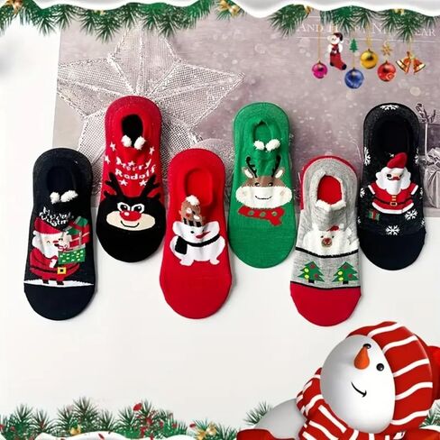 6 Pairs Cartoon Christmas Socks, Winter Warm Socks with Christmas Element Pattern for Xmas Gifts & Decor in Saudi Arabia