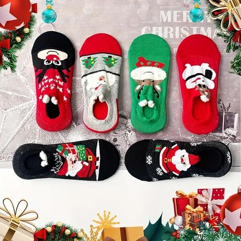 6 Pairs Cartoon Christmas Socks, Winter Warm Socks with Christmas Element Pattern for Xmas Gifts & Decor in Saudi Arabia