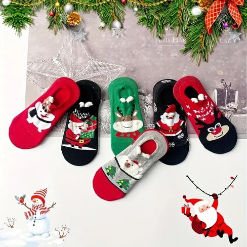 6 Pairs Cartoon Christmas Socks, Winter Warm Socks with Christmas Element Pattern for Xmas Gifts & Decor in Saudi Arabia