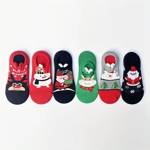 6 Pairs Cartoon Christmas Socks, Winter Warm Socks with Christmas Element Pattern for Xmas Gifts & Decor in Saudi Arabia
