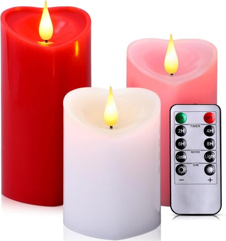 Retisee 3 PCS Valentine's Day Heart Pillar Candle - 4" 5" 6" LED Battery Operated Flameless Candle with Remote for Valentine Women Romantic Home Weeding Decoration Gift(Red, Pink, White) in Saudi Arabia