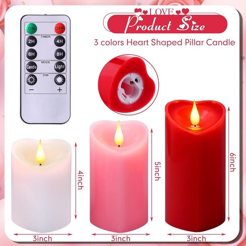 Retisee 3 PCS Valentine's Day Heart Pillar Candle - 4" 5" 6" LED Battery Operated Flameless Candle with Remote for Valentine Women Romantic Home Weeding Decoration Gift(Red, Pink, White) in Saudi Arabia
