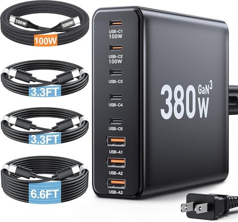 280W USB C Charger Block, 8-Port USB C Charging Station GaN III PD 65W Laptop Charger Adapter Compatible with MacBookPro/Air,DELL,iPad,Portable Charging Station for iPhone,Samsung Galaxy (Black) in Saudi Arabia