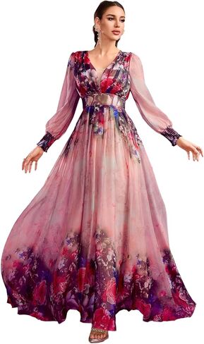 فساتين TOLEEN صيفية غير رسمية للنساء موضة ربيع 2024 فستان طويل أنيق بوهو بياقة على شكل V وأكمام طويلة وكشكشة ومطبوع بالورود in Kuwait