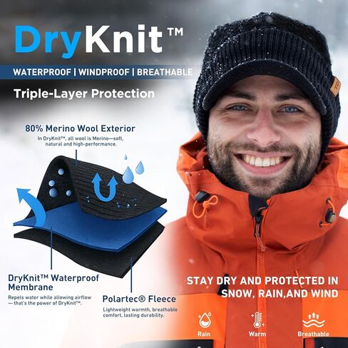 قبعة TOP-EX DryKnit™ مقاومة للماء بنسبة 80% من صوف ميرينو مع حافة - قبعة تزلج مبطنة بالصوف للطقس البارد والرؤوس الكبيرة in Kuwait