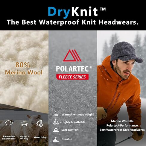 قبعة TOP-EX DryKnit™ مقاومة للماء بنسبة 80% من صوف ميرينو مع حافة - قبعة تزلج مبطنة بالصوف للطقس البارد والرؤوس الكبيرة in Kuwait