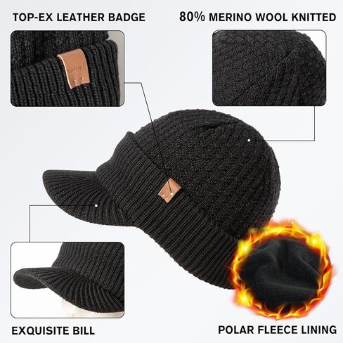 قبعة TOP-EX DryKnit™ مقاومة للماء بنسبة 80% من صوف ميرينو مع حافة - قبعة تزلج مبطنة بالصوف للطقس البارد والرؤوس الكبيرة in Kuwait