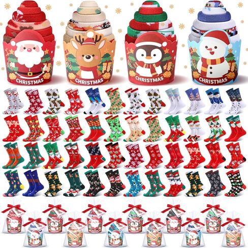 48 Sets Christmas Cupcake Socks Gifts for Women Colorful Fuzzy Fluffy Socks Stuffers Santa Claus Elk Penguin Snowman DIY Pattern Gift for Christmas Xmas Party Favor in Saudi Arabia