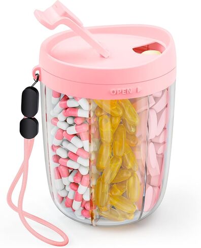 AUVON Large Pill Organizer, Pill Dispenser for Holding 6 Various Vitamins, Pill Box Case with Anti-Mixing & Wide Opening Design, Easy to Retrieve Meds, Includes 20 Pcs Stick-on Labels in Saudi Arabia