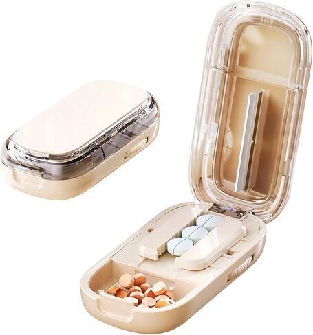 Portable Pill Cutter with Adjustable Slots – Multi Pill Splitter for Small & Large Tablets, Stainless Steel Blade, Clear Cut, Non-Slip Design, Easy to Use for Weekly Medication(Beige, 1/4) in Saudi Arabia