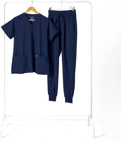 Scrubs for Women Uniform Set, 9 Large Pockets, Soft Stretch Breathable V Neck Top, Yoga Waistband Jogger Pants in Saudi Arabia