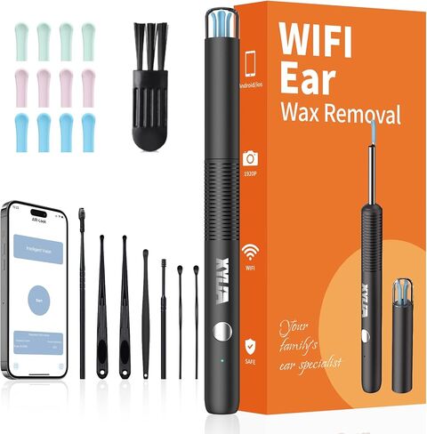 Xylla Ear Wax Removal Kit WiFi Ear Cleaner 1920P FHD Ear Camera,Ear wax remover with 8 PCS Ear Cleaning Kit,Ear Scope Otoscope with 6 LED Lights,Silicone Ear Wax Removal Tool for iOS & Android (Black) in Kuwait