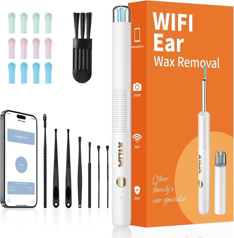 مجموعة إزالة شمع الأذن Xylla، منظف الأذن WiFi 1920P FHD، مزيل شمع الأذن مع 8 قطع طقم تنظيف الأذن، منظار الأذن مع 6 مصابيح LED، أداة إزالة شمع الأذن من السيليكون لأجهزة iOS وAndroid (أسود) in Kuwait