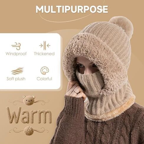3 in 1 Beanie Hat for Women, Upgrade 3 in 1 Beanie Hat with Scarf and Mask, Fall Winter Warm Knitted Ski Scarf and Mask Set in Saudi Arabia