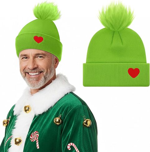 Toulite Christmas Santa Hat for Adult Monster Knitted Lime Green Santa Hat with Heart Fuzzy Pom Beanie for Christmas Holiday Party in Saudi Arabia