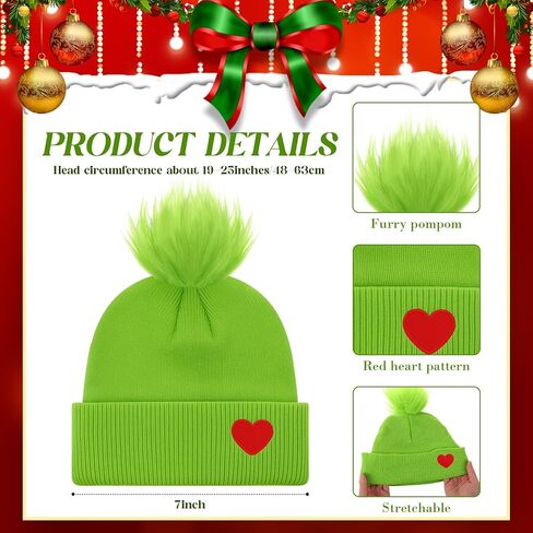 Toulite Christmas Santa Hat for Adult Monster Knitted Lime Green Santa Hat with Heart Fuzzy Pom Beanie for Christmas Holiday Party in Saudi Arabia
