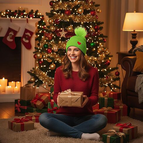 Toulite Christmas Santa Hat for Adult Monster Knitted Lime Green Santa Hat with Heart Fuzzy Pom Beanie for Christmas Holiday Party in Saudi Arabia