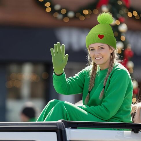 Toulite Christmas Santa Hat for Adult Monster Knitted Lime Green Santa Hat with Heart Fuzzy Pom Beanie for Christmas Holiday Party in Saudi Arabia