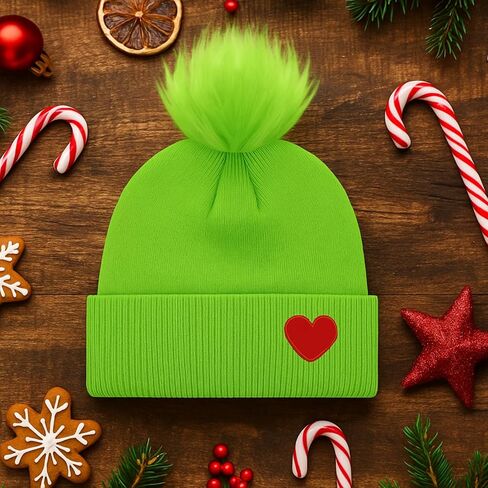 Toulite Christmas Santa Hat for Adult Monster Knitted Lime Green Santa Hat with Heart Fuzzy Pom Beanie for Christmas Holiday Party in Saudi Arabia
