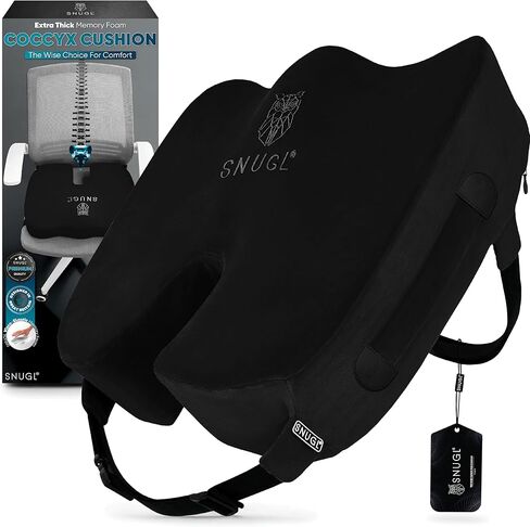 SNUGL Coccyx Cushion | Thick Memory Foam Seat Cushion for Office, Car, Wheelchair & Gaming Chair | Orthopedic Support Pillow for Tailbone, Sciatica, Back & Hip Pain Relief (Brown, Regular) in Kuwait