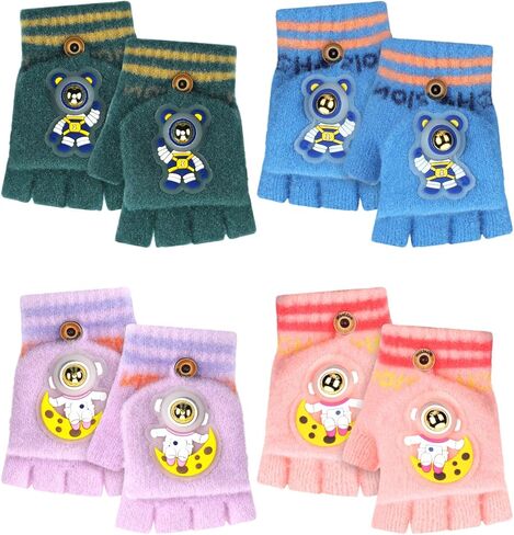 4 Pairs Kids Fingerless Gloves Winter Mittens Convertible Flip Gloves Half Finger for Toddler Girls Boys 3-8 Years in Kuwait