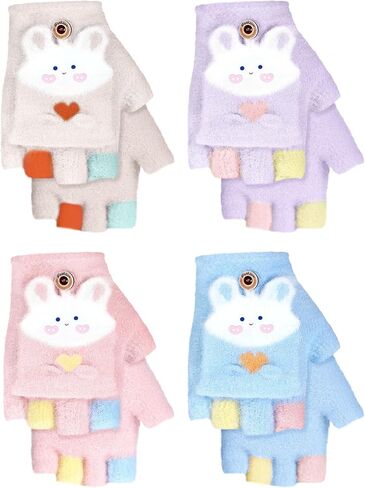 4 Pairs Kids Fingerless Gloves Winter Mittens Convertible Flip Gloves Half Finger for Toddler Girls Boys 3-8 Years in Kuwait