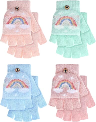 4 Pairs Kids Fingerless Gloves Winter Mittens Convertible Flip Gloves Half Finger for Toddler Girls Boys 3-8 Years in Kuwait