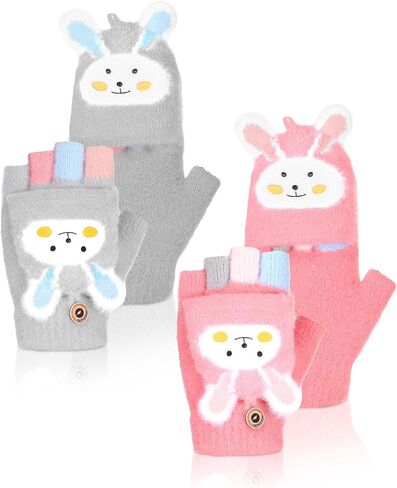 SATINIOR 2 Pairs Winter Kids Fingerless Gloves Toddler Finger Mittens Knit Convertible Half Finger Mitten Flap Aged 3-10(Grey, Dark Pink,Rabbit) in Saudi Arabia