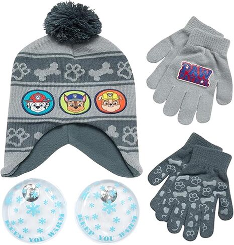 Nicklelodeon Paw Patrol Boy's Winter Hat and 2 Pair of Gloves or Mittens Set (Toddler/Little Boys) Size Age 4-7, Paw Patrol Grey Glove with Handwarmers in Saudi Arabia