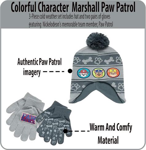 Nicklelodeon Paw Patrol Boy's Winter Hat and 2 Pair of Gloves or Mittens Set (Toddler/Little Boys) Size Age 4-7, Paw Patrol Grey Glove with Handwarmers in Saudi Arabia