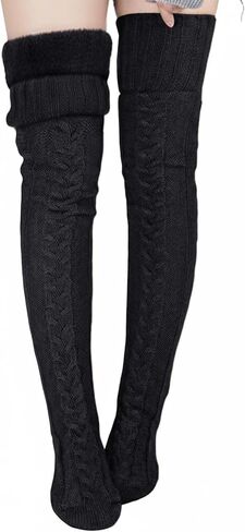 Suhine Women Fleece Lined Thigh High Sock over Knee Cable Knit Boot Sock Extra Long Winter Warm Thermal Stocking Leg Warmer in Kuwait