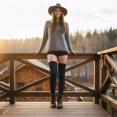 Suhine Women Fleece Lined Thigh High Sock over Knee Cable Knit Boot Sock Extra Long Winter Warm Thermal Stocking Leg Warmer in Kuwait
