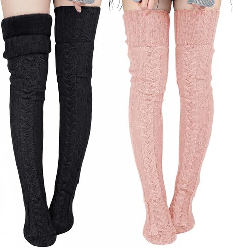 Suhine Women Fleece Lined Thigh High Sock over Knee Cable Knit Boot Sock Extra Long Winter Warm Thermal Stocking Leg Warmer in Kuwait