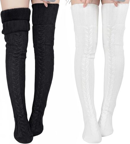 Suhine Women Fleece Lined Thigh High Sock over Knee Cable Knit Boot Sock Extra Long Winter Warm Thermal Stocking Leg Warmer in Kuwait