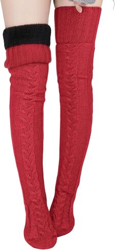 Suhine Women Fleece Lined Thigh High Sock over Knee Cable Knit Boot Sock Extra Long Winter Warm Thermal Stocking Leg Warmer in Kuwait