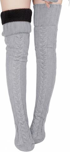Suhine Women Fleece Lined Thigh High Sock over Knee Cable Knit Boot Sock Extra Long Winter Warm Thermal Stocking Leg Warmer in Kuwait