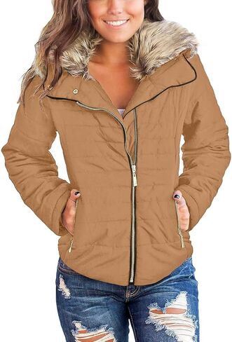 Vetinee Women Casual Faux Fur Lapel Zip Pockets Quilted Parka Jacket Puffer Coat in Kuwait