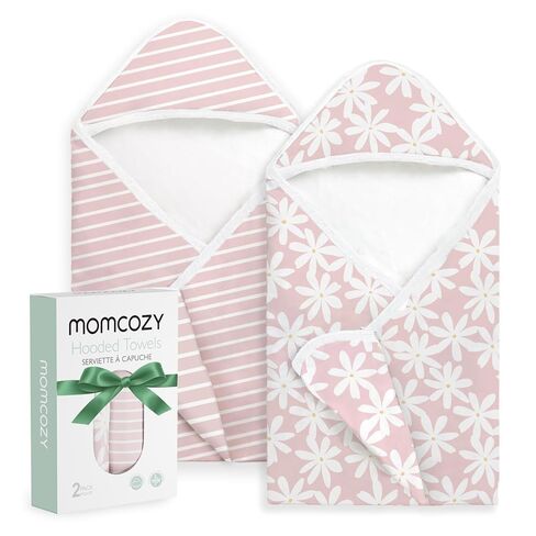 Momcozy Baby Hooded Towel, 2 Pack Baby Towel Set, Super Soft Bath Towel with Original Design, Shower Gifts for Infant, Toddler (28 X 28 Inch, Lemon Leaves) in Kuwait