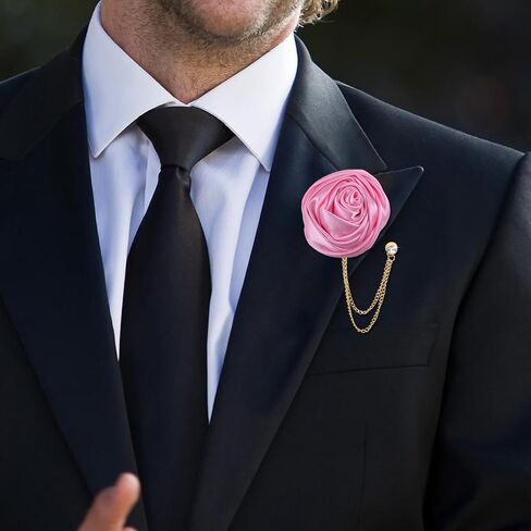 8 Pieces Elegant Rose Flower Men's Lapel Pins Handmade Satin Flower Brooches with Hanging Tassel Chain for Men Suit Wedding Party Groom Jewelry Accessories in Saudi Arabia